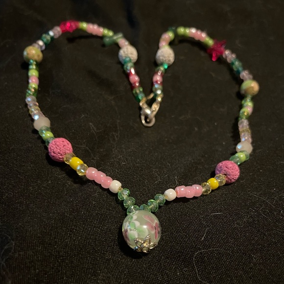 Handmade Boho Beaded Summery Feminine Necklace In Pastel Colours Pinks & Greens - Picture 1 of 7